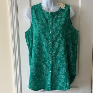 NWT Linen Top Long Sleeveless Women’s Small Green Leaf Print Resort Scandi Girl